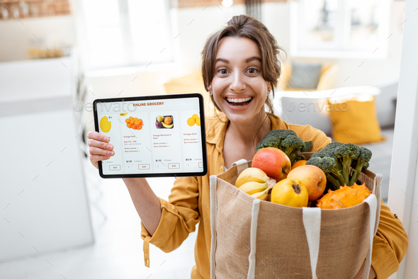 Woman shopping food online - Stock Photo - Images