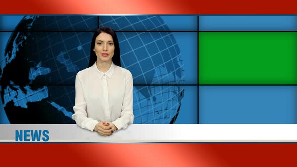 Attractive Female News Presenter in Broadcasting Studio with Green Screen