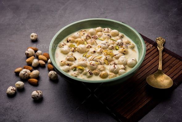Sweet Roasted Makhana Kheer is an Indian dessert recipe, served in a bowl garnished with dry fruits - Stock Photo - Images