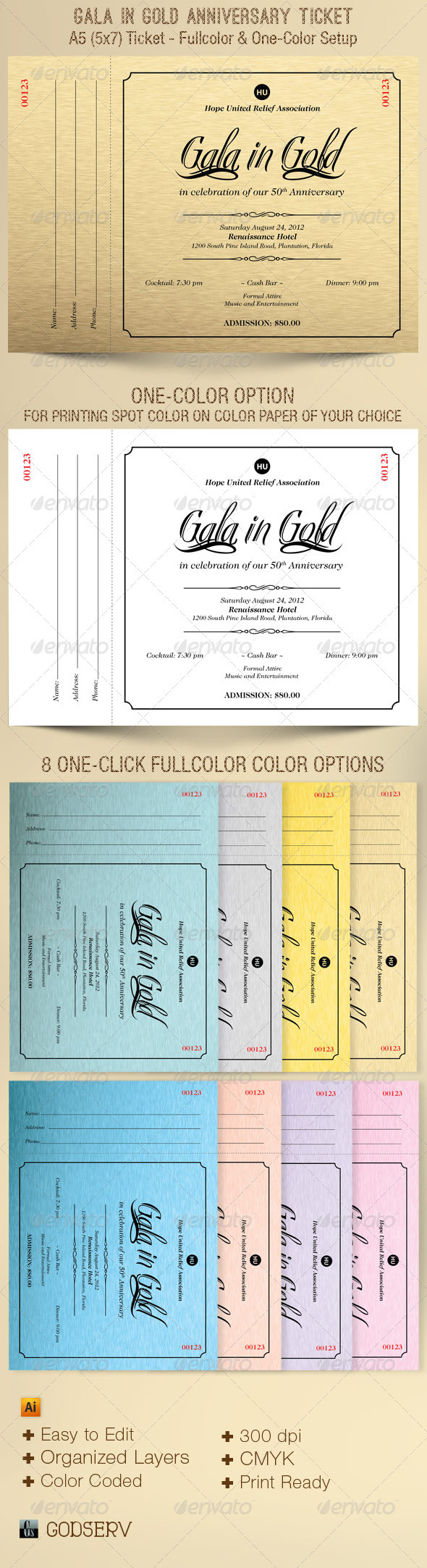 Gold Gala Anniversary Ticket Template - Miscellaneous Print Templates