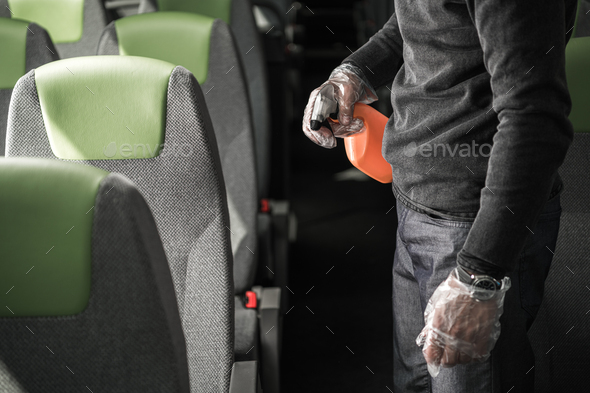 Sanitizing Procedure Inside Of Intercity Coach Bus.