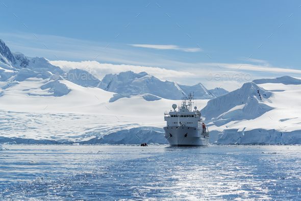 View of a polar research vessel, in the Antarctic.