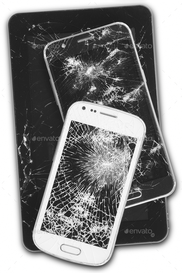 Smartphones and tablet with damaged screens isolated on white. Devices