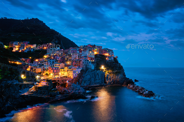 Manarola village n the night, Cinque Terre, Liguria, Italy - Stock Photo - Images