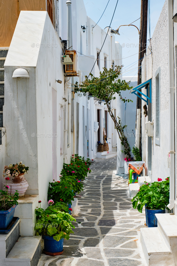 Picturesque Naousa town street on Paros island, Greece - Stock Photo - Images