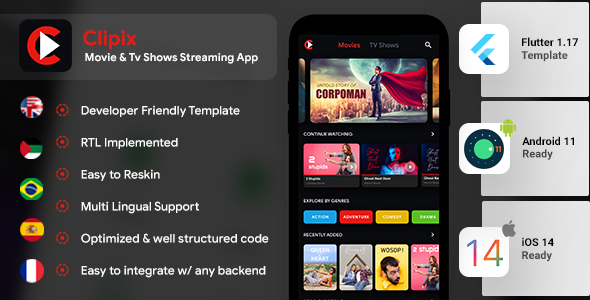 Movie Series Video Streaming Android App Template+ Video Streaming iOS App Template| Flutter| Clipix