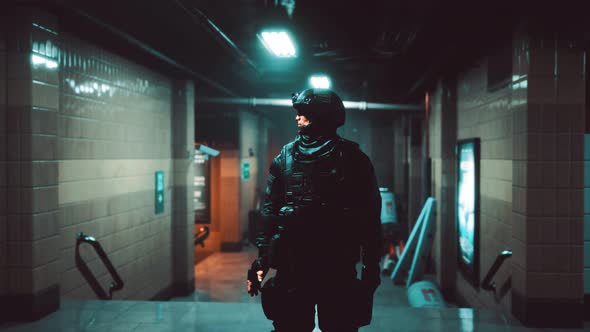 Policeman in Empty Underground Metro Sunbway alt
