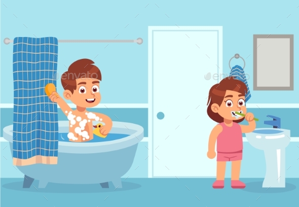 cartoon girl taking a bath