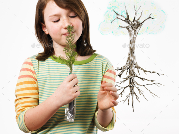 A young girl smelling a plant. An illustration of the plant with roots. - Stock Photo - Images