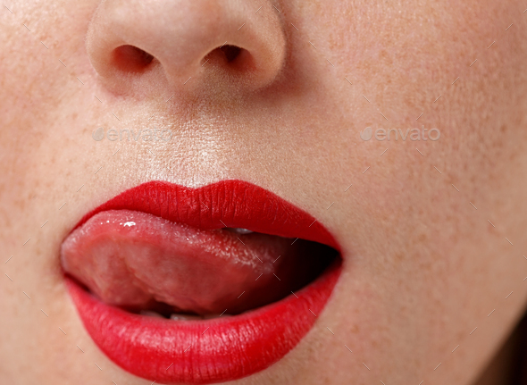 Tongue open mouth woman lips close up licking lips red lipstick