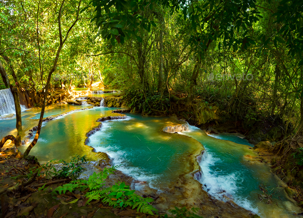 Kuang Si Waterfa near Luang Prabang Laos - Stock Photo - Images