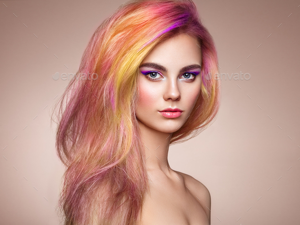 Beauty fashion model girl with colorful dyed hair - Stock Photo - Images