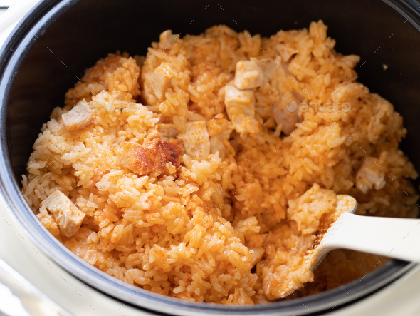 Rice with turkey meat cooked in instant pot - Stock Photo - Images