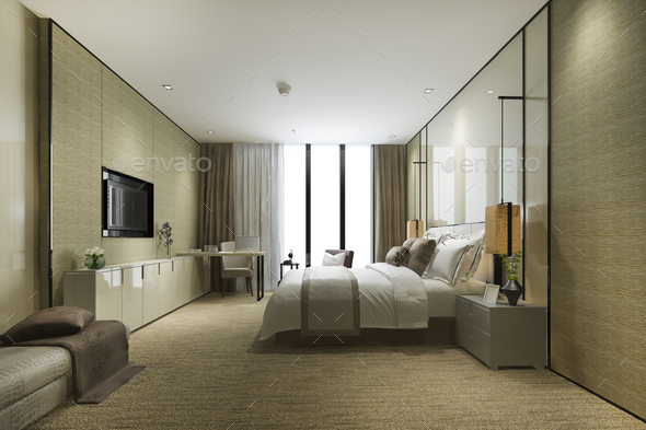 3d rendering luxury bedroom suite in resort high rise hotel with cushion