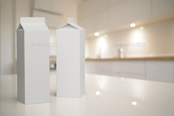 Carton packaging box mock-up in kitchen interior.
