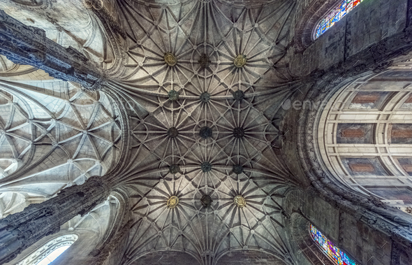 Low angle view of ornate ceiling in Church of Santa Maria, Lisbon, Lisbon, Portugal