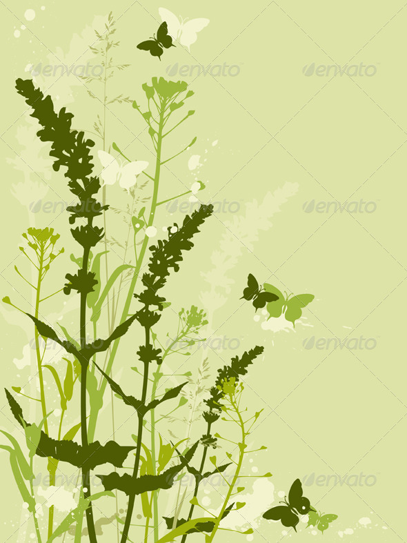 Green Floral Background with Grass - Flowers & Plants Nature