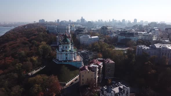 Aerial Top View To St Andrew Church in Kiev
