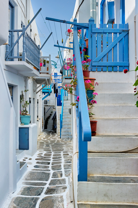 Greek Mykonos street on Mykonos island, Greece Stock Photo by Dmitry ...