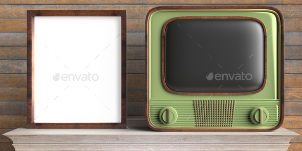 Vintage TV and photo frame on a shelf, wooden wall background. 3d  illustration Stock Photo by rawf8