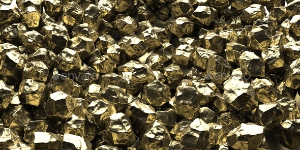 Luxury mineral concept. Gold nuggets on black background, texture. 3d illustration