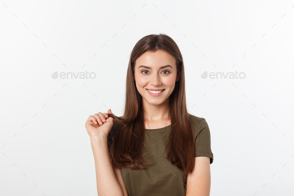 Close-up portrait of yong woman casual portrait in positive view, big smile, beautiful model posing - Stock Photo - Images