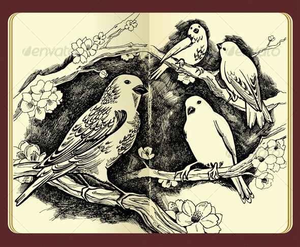 Spring drawing of birds and flowers