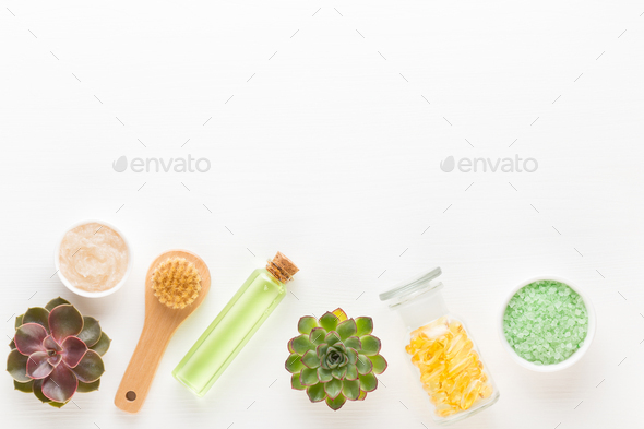 Bio herbal green cosmetic arrangement, sea salt and handmade cosmetic.