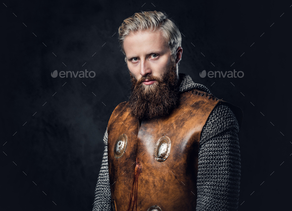 A man Viking dressed in Nordic armor. - Stock Photo - Images