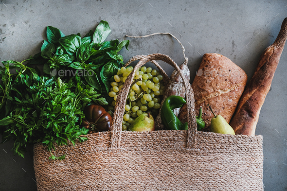 Flat-lay of healthy shopping bag with fresh vegetables and fruits - Stock Photo - Images