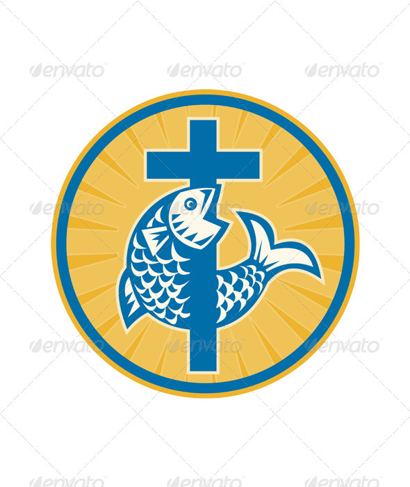 Fish Jumping With Cross Retro - Religion Conceptual