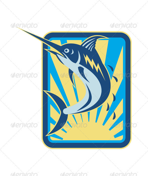 Blue Marlin Fish Jumping Retro