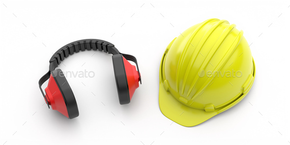 Hard hat and ear protection defenders isolated on white background. 3d illustration
