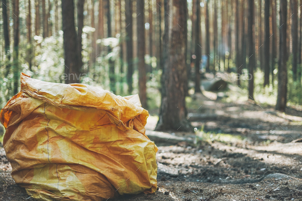 Big garbage bag in the woods. Picking up trash in the forest Stock Photo by  GalinkaZhi