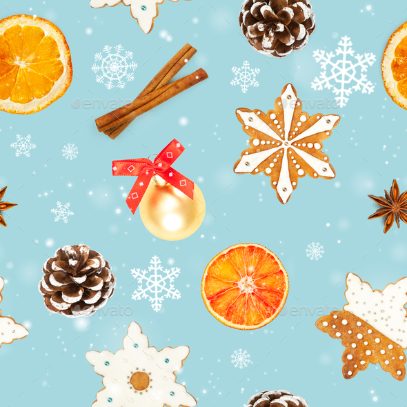 Christmas seamless pattern on blue background. - Stock Photo - Images