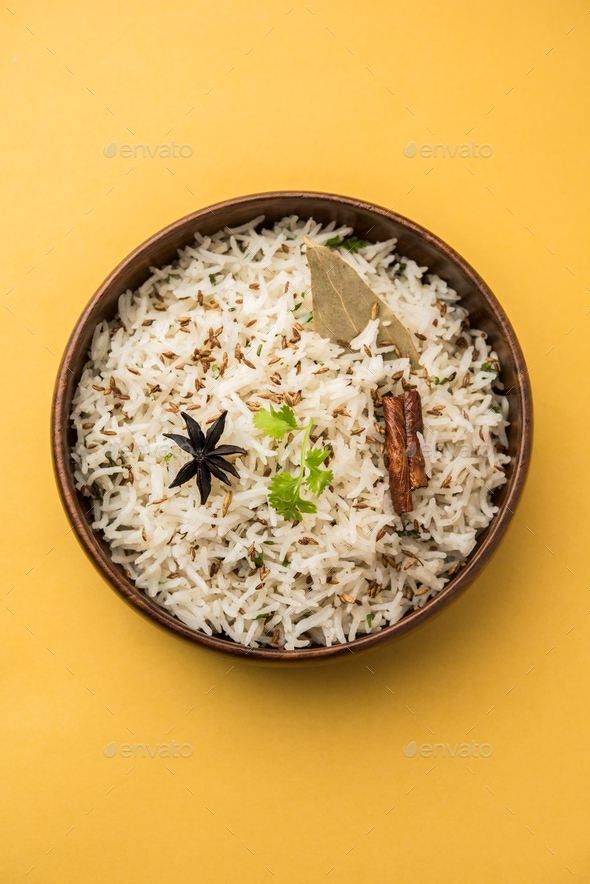 Jeera Rice Basmati rice flavored with fried cumin seeds and basic