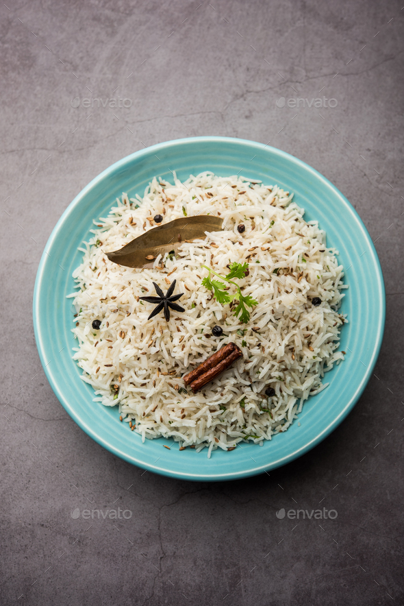 Jeera Rice Basmati rice flavored with fried cumin seeds and basic