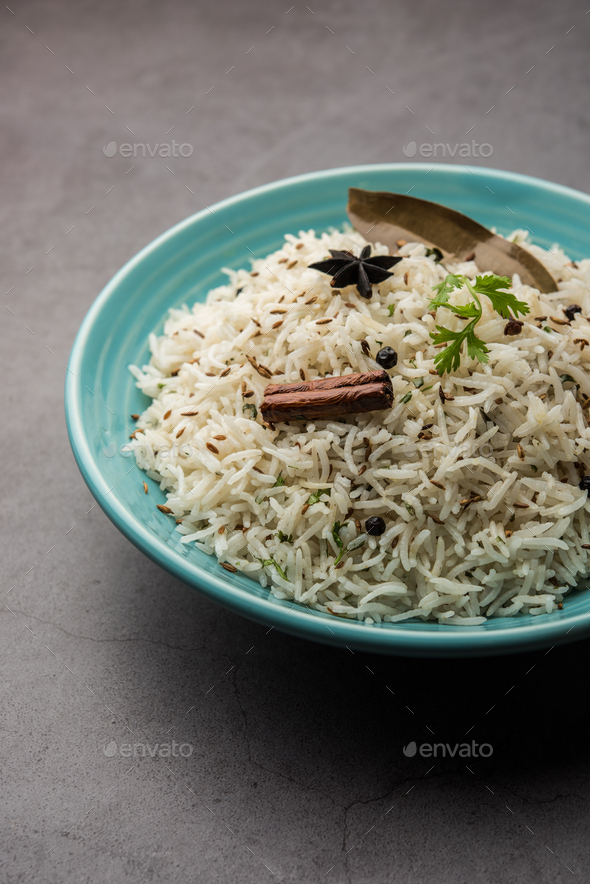 Jeera Rice Basmati rice flavored with fried cumin seeds and basic