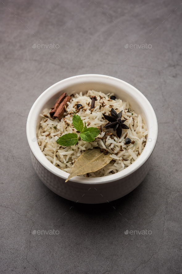 Jeera Rice Basmati rice flavored with fried cumin seeds and basic