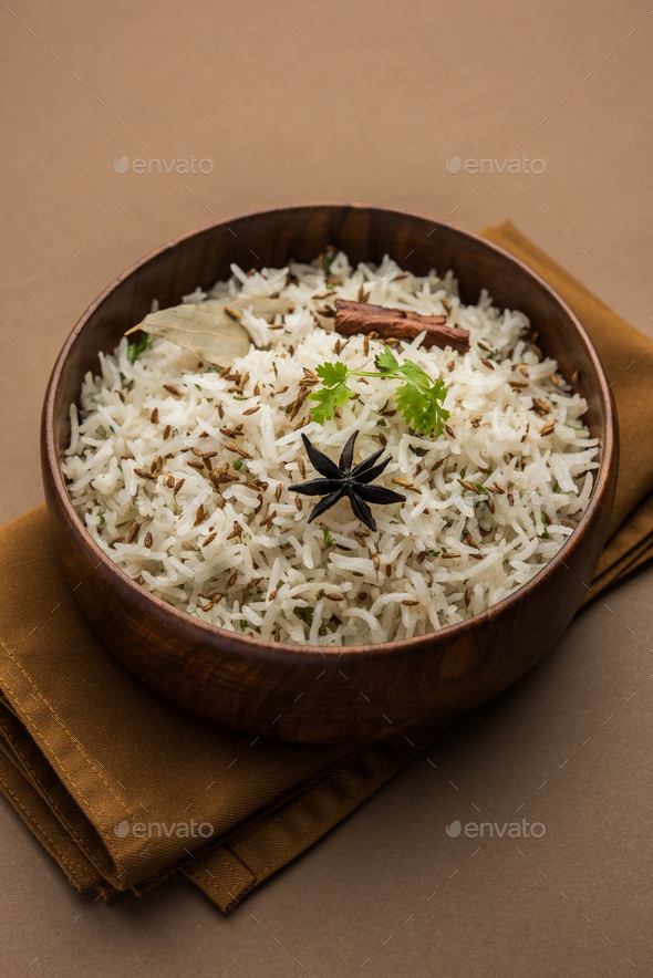 Jeera Rice Basmati rice flavored with fried cumin seeds and basic