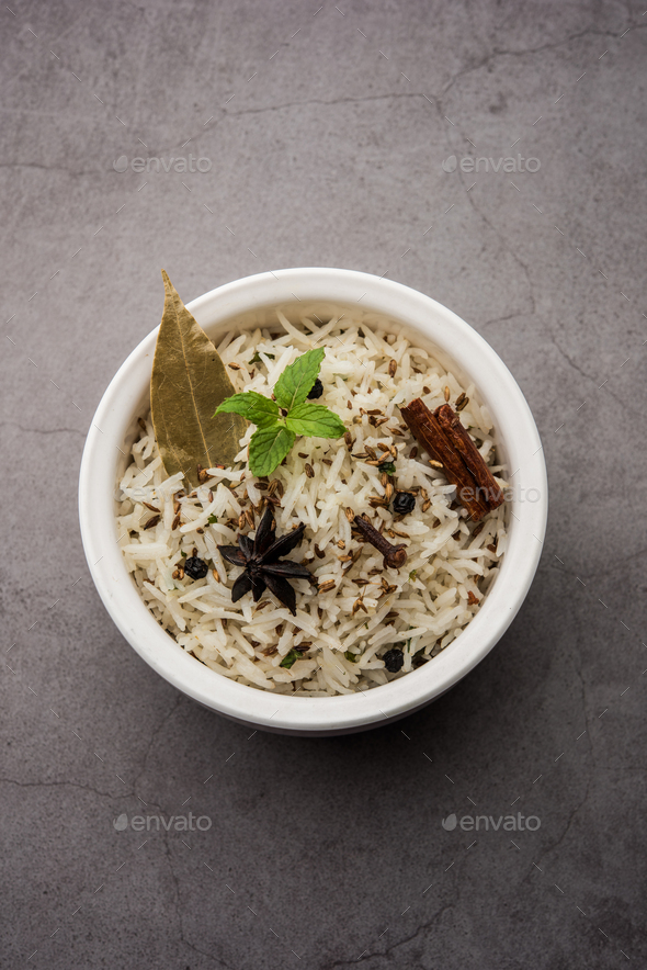 Jeera Rice Basmati rice flavored with fried cumin seeds and basic