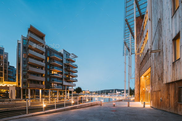 Oslo, Norway. Night View Of Residential Multi-storey Houses In Aker Brygge District. Summer Evening - Stock Photo - Images