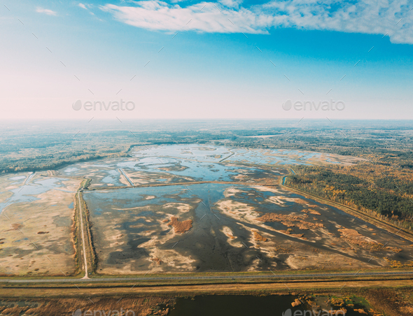 Belarus. Aerial View Of Ponds Autumn Landscape. Ponds of fisheries in the south of Belarus. Top View - Stock Photo - Images