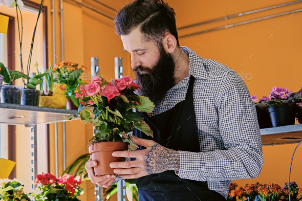 The bearded stylish flower seller holds pink roses in a market s