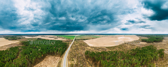 Aerial View Of Highway Road Through Deforestation Area Landscape. Green Pine Forest In Deforestation - Stock Photo - Images