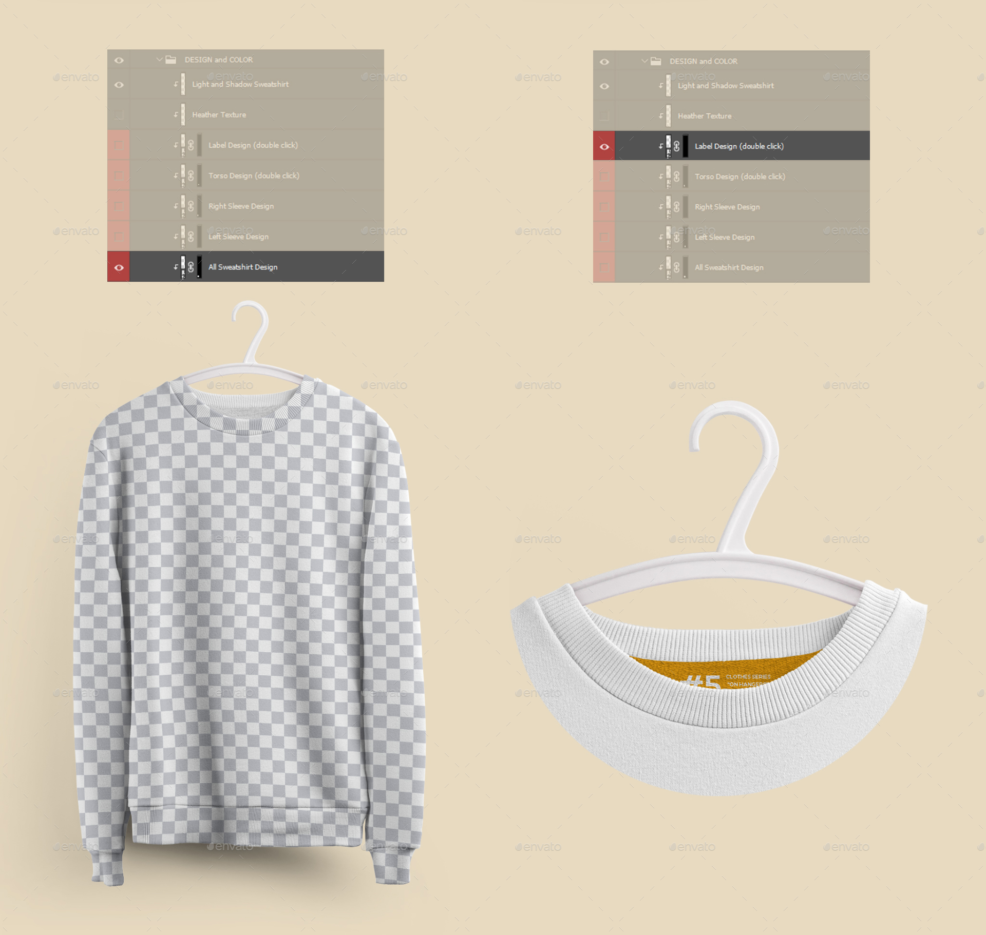 Download Front and Back Sweatshirt Mockup On 6 Different Hangers by ...