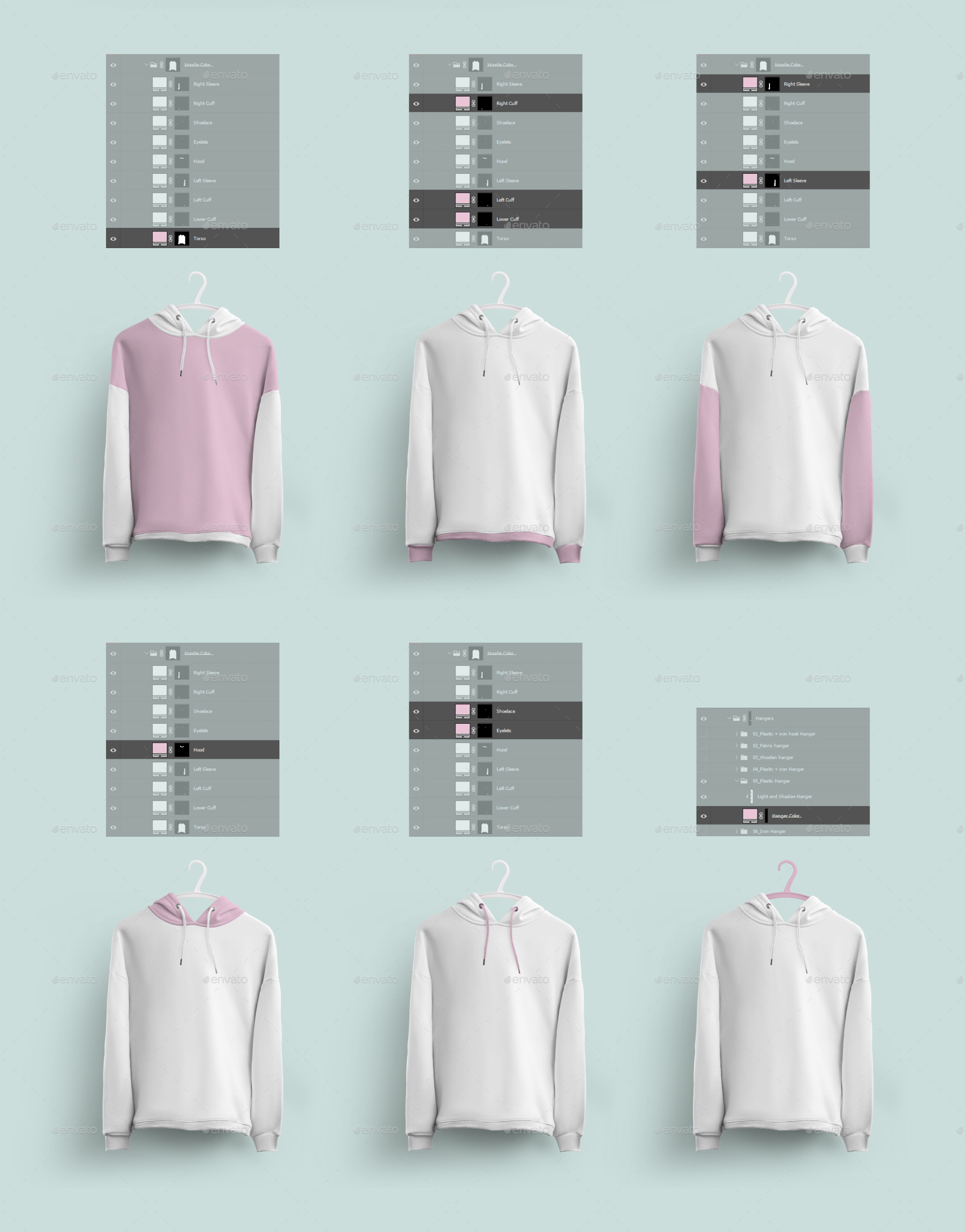Download Front and Back Woman Hoodie Mockup On 6 Different Hangers ...