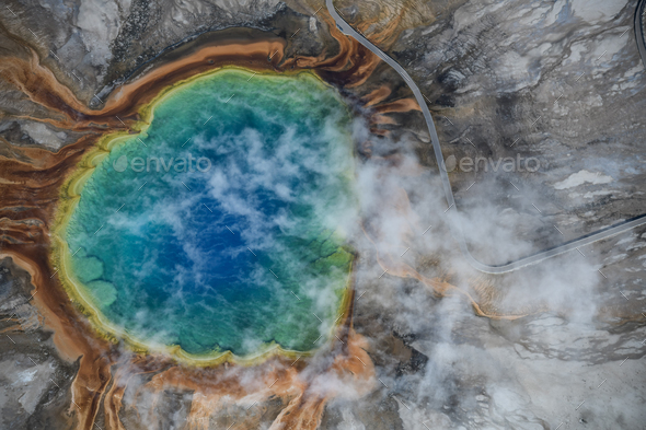Aerial view of Grand prismatic spring in Yellowstone national park, USA - Stock Photo - Images
