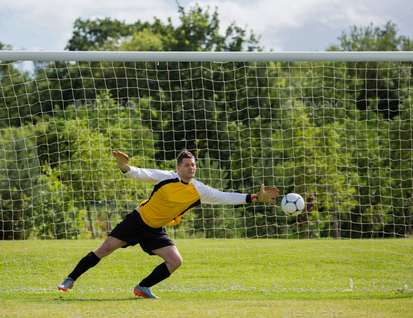 Goalkeeper diving to save the goal Stock Photo by Wavebreakmedia ...