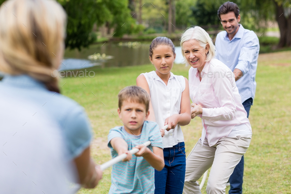 Multi-generation family pulling a rope in tug of war Stock Photo by ...